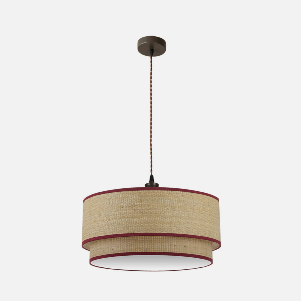 Colgante Roque de Abrila en estilo rústico, modelo 3xE27 con acabado natural y rojo, diámetro 60cm, lámpara colgante de metal y textil para iluminación interior doméstica y decoración acogedora.