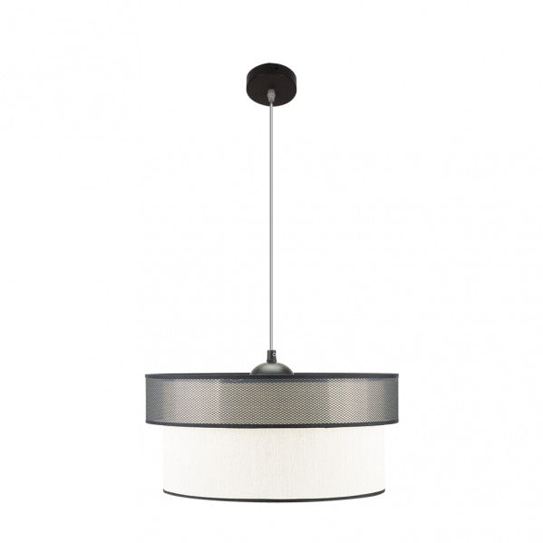 Moderno colgante Felix en negro y blanco de Abrila, lámpara colgante de 50 cm con diseño elegante en metal y textil para iluminación interior y decoración doméstica.