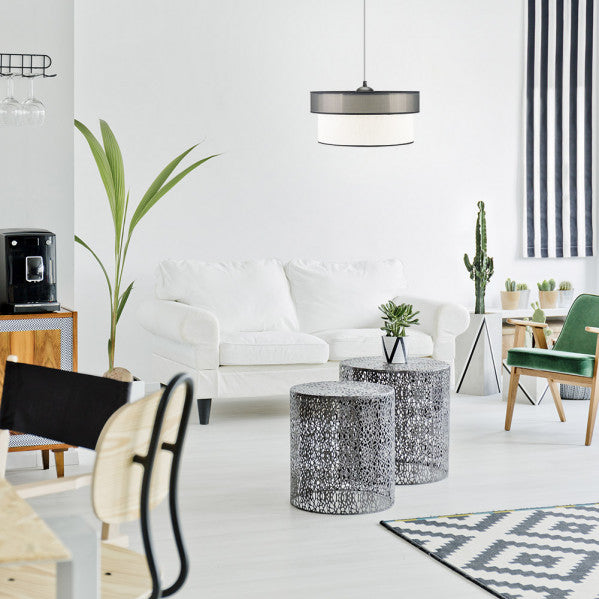 Modern Felix black/white pendant light, 50cm, elegant contemporary hanging lamp from Abrila (172995001) with metal and textile design for stylish indoor home decoration and interior lighting.