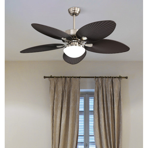 Ventilador de techo Borasco 24W en níquel y marrón con LED integrado, motor DC eficiente, aspas de metal ABS y cristal para interiores domésticos, modelo Abrila 173191534