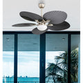 Ventilador de techo CHAW 24W en níquel y negro de Abrila, con luz LED integrada, motor DC eficiente, mando a distancia y temporizador para interiores en verano e invierno.