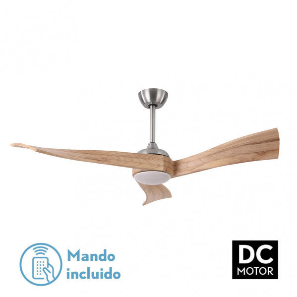 Ventilador de techo Janubi DC 18W en níquel y haya natural, modelo Abrila con iluminación LED integrada, motor DC eficiente para ahorro de energía, control por mando a distancia, diseño moderno en metal, madera y policarbonato para interiores.