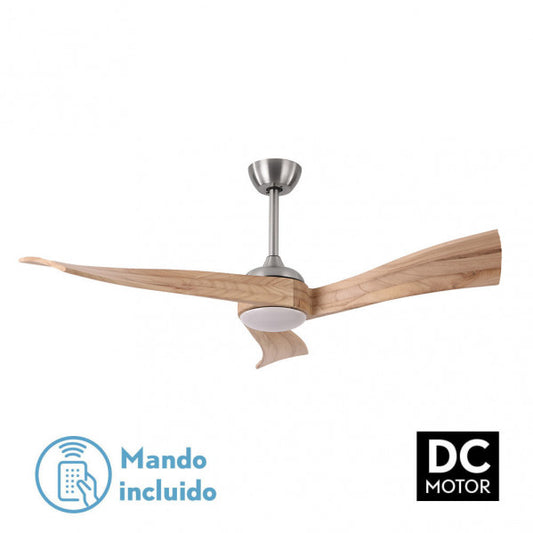 Ventilador de techo Janubi DC 18W en níquel y haya natural, modelo Abrila con iluminación LED integrada, motor DC eficiente para ahorro de energía, control por mando a distancia, diseño moderno en metal, madera y policarbonato para interiores.