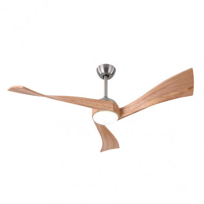 Ventilador de techo Janubi DC 18W en níquel y haya con iluminación LED integrada, motor DC eficiente para ahorro de energía, mando a distancia y diseño en metal, madera y policarbonato para interiores - Abrila modelo 173491342