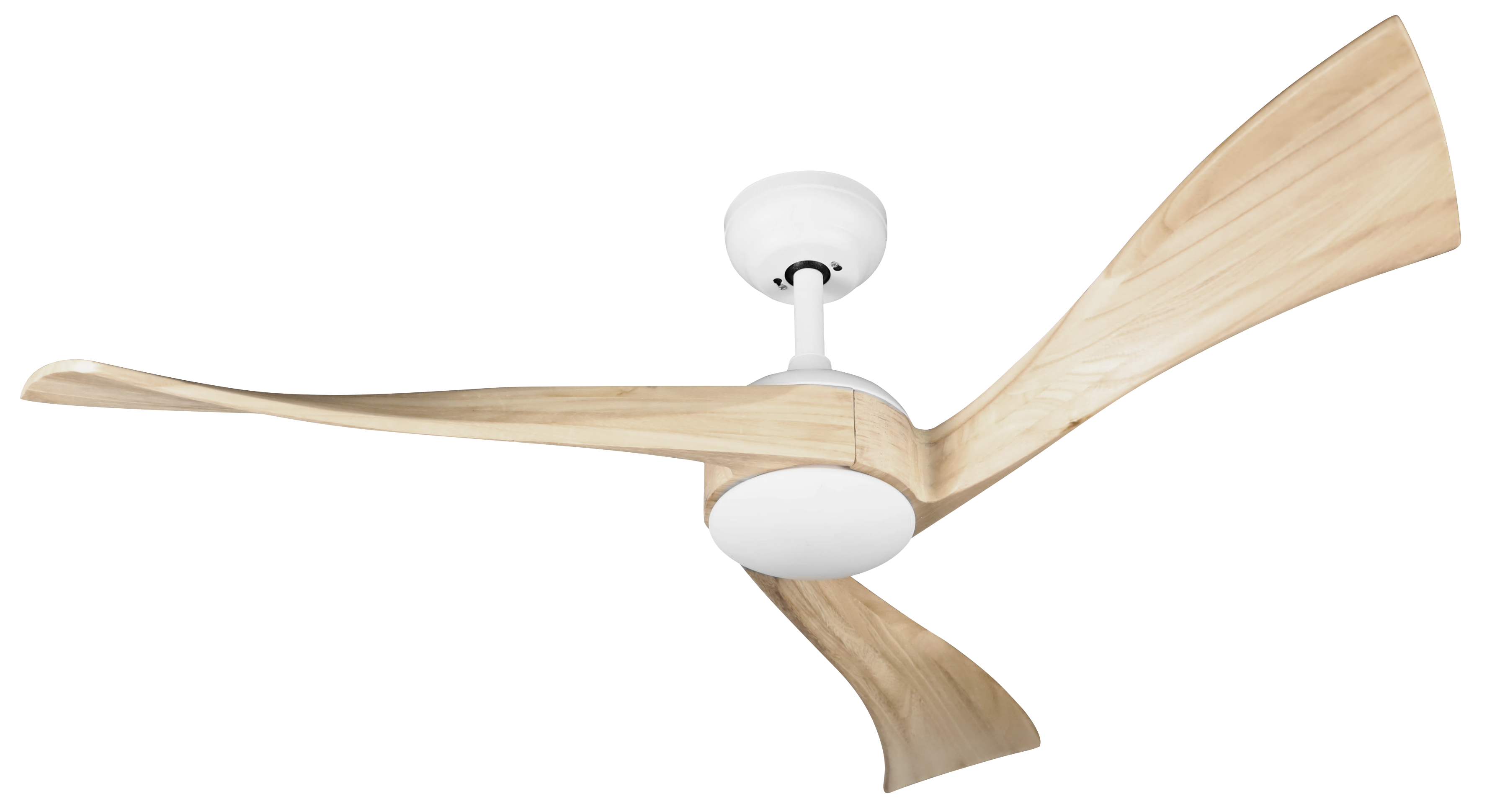 alt=Ventilador de techo Janubi 22W en blanco y haya de Abrila, modelo 173491368. Ventilador interior con motor DC, luz LED regulable e integración de metal, madera y cristal.