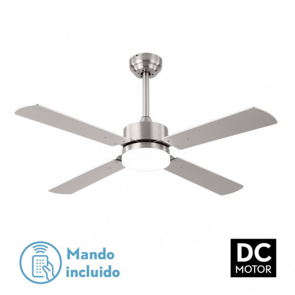 Ventilador de techo Hupe en níquel satinado de 18W con motor DC eficiente, luz LED integrada y aspas reversibles de haya para ventilación en verano e invierno, ideal para interior doméstico Abria AI2, modelo 173591403