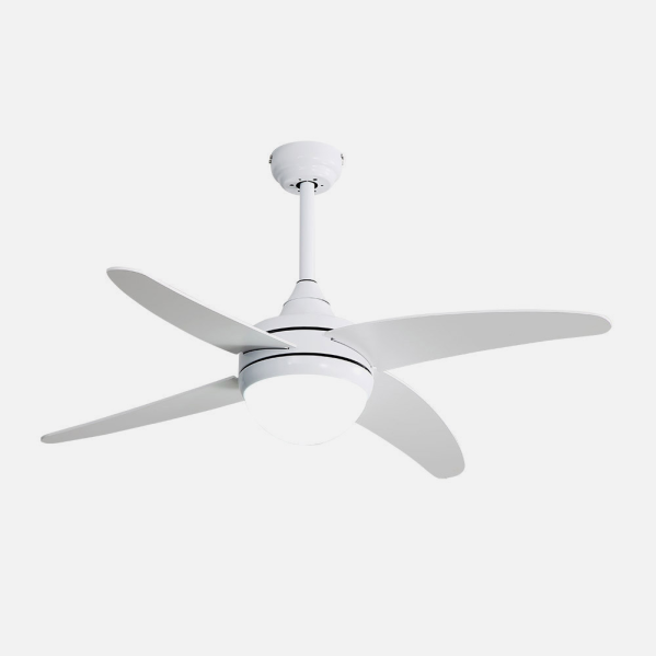 Ventilador de techo Klod blanco con 4 aspas, modelo Abrila 117 cm, motor DC eficiente y mando a distancia incluido, ideal para interior doméstico, referencia 173692401
