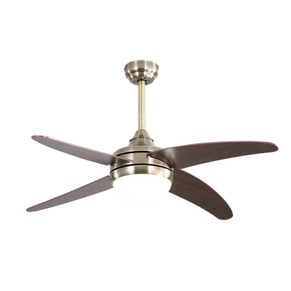 Ventilador de techo Klod en acabado cuero y cerezo, modelo Abrila de 117 cm con motor DC, 6 velocidades, mando a distancia y temporizador para interior doméstico.