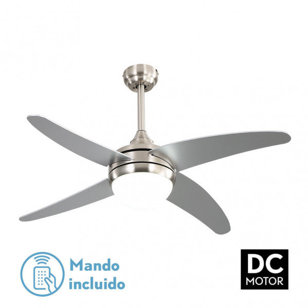 Ventilador de techo Klod Abrila en níquel/plata de 117 cm con 6 velocidades, motor DC eficiente, mando a distancia, temporizador y aspas reversibles para uso doméstico interior.