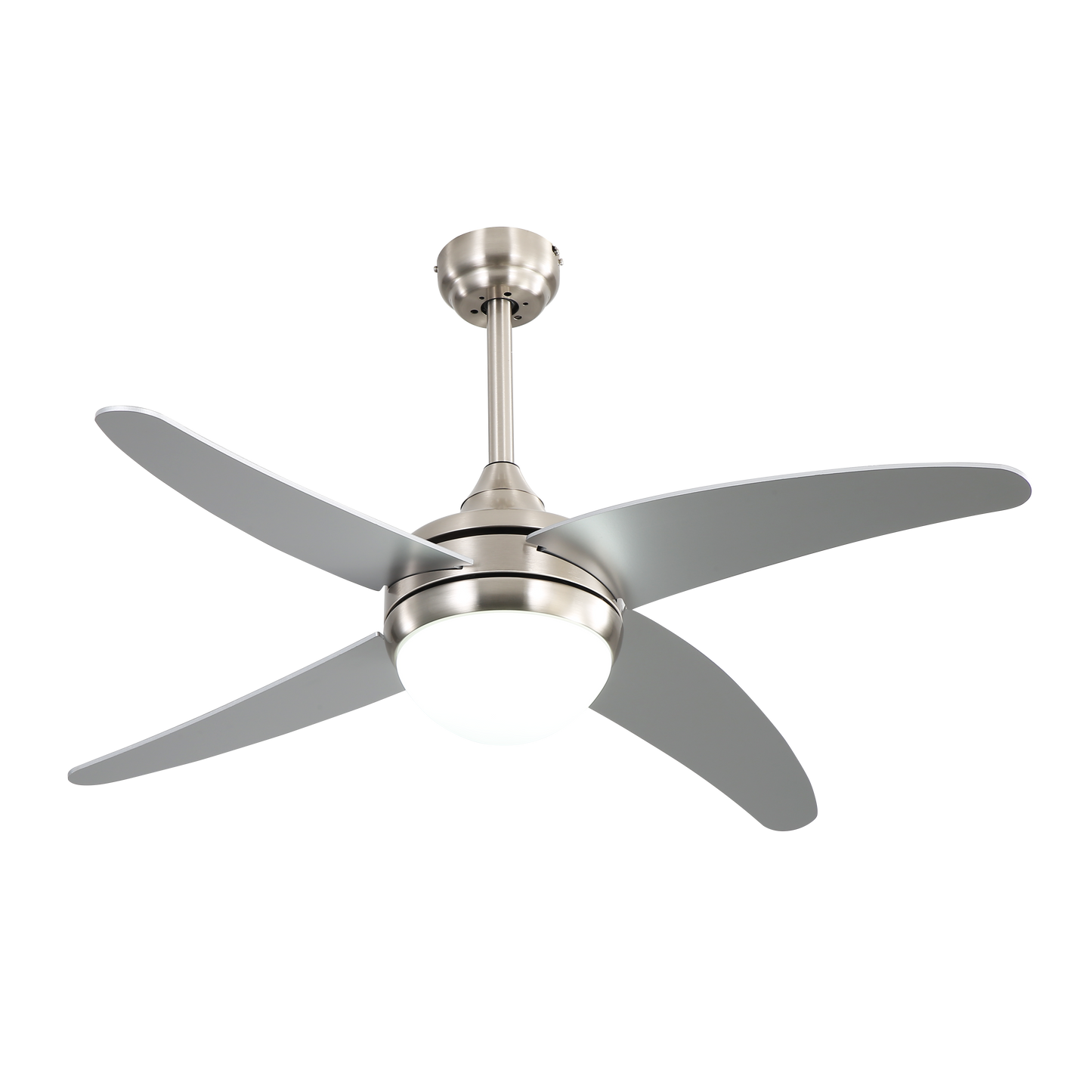 Ventilador de techo Klod Abrila en níquel/plata de 117 cm con 6 velocidades, motor DC eficiente, mando a distancia, temporizador y aspas reversibles para uso doméstico interior.