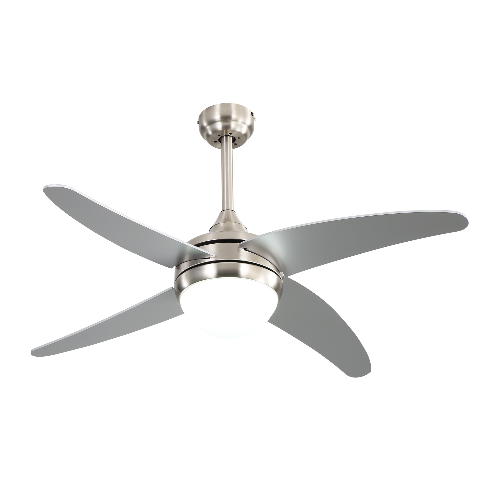 Ventilador de techo Klod Abrila en níquel/plata de 117 cm con 6 velocidades, motor DC eficiente, mando a distancia, temporizador y aspas reversibles para uso doméstico interior.