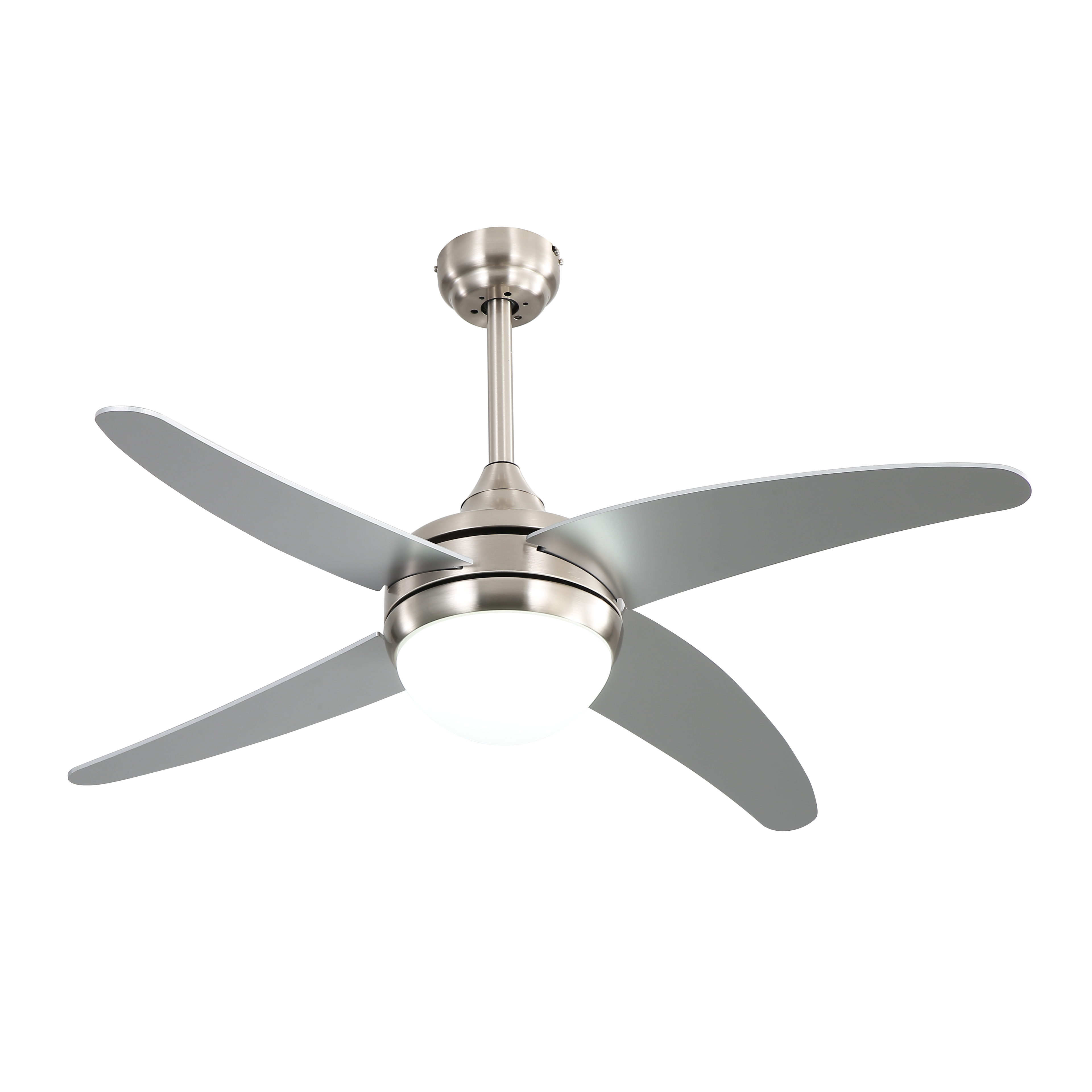 Ventilador de techo Klod Abrila en níquel/plata de 117 cm con 6 velocidades, motor DC eficiente, mando a distancia, temporizador y aspas reversibles para uso doméstico interior.