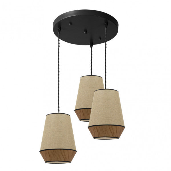 Plafon de techo campana 3xE27 en saco marrón de Abrila, diseño textil y metal 36x36cm para iluminación interior doméstica y decoración natural (173983002)