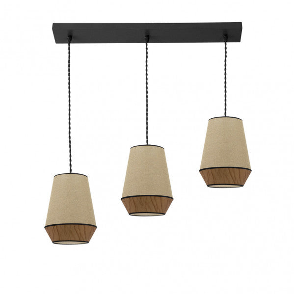 Regleta de lámpara colgante estilo campana 3 casquillos E27 en color saco/marrón de Abrila, diseño de metal y textil para iluminación moderna en interiores domésticos y decoración.