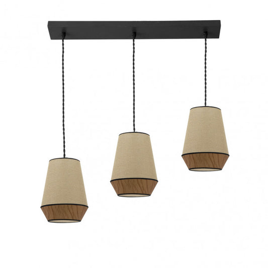 Regleta de lámpara colgante estilo campana 3 casquillos E27 en color saco/marrón de Abrila, diseño de metal y textil para iluminación moderna en interiores domésticos y decoración.