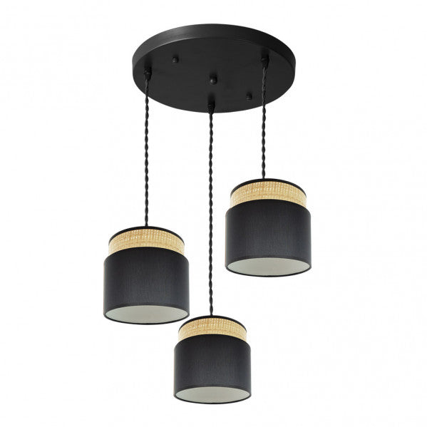 Plafon Kandy de Abrila en acabado natural y negro, modelo 3xe27 de 39x39 cm con diseño textil y metal para iluminación moderna de interior en el hogar.
