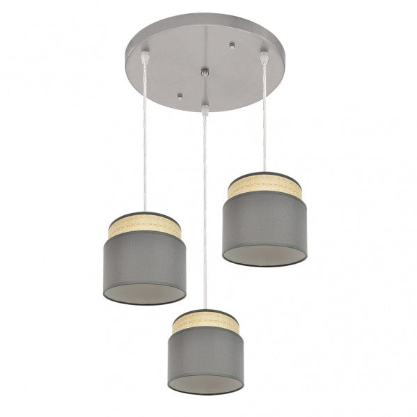 Plafon Kandy de Abrila en acabado natural y gris, modelo 3xE27 de 39x39 cm (174283028), lámpara de techo moderna de metal y textil para iluminación interior difusa en decoración doméstica.
