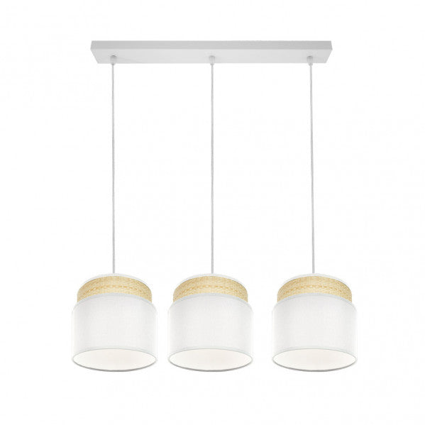Lámpara colgante regleta Kandy de Abrila en acabado natural y blanco, con 3 casquillos E27, diseño en metal y textil ideal para decoración interior de dormitorio o salón. Referencia 174293101.