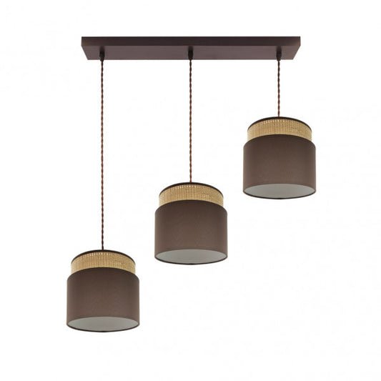 Regleta colgante Kandy 3xE27 en acabado natural y marrón de Abrila (modelo 174293102), lámpara de metal y textil para decoración interior doméstica con casquillos E27, ideal para iluminación AI2 moderna.
