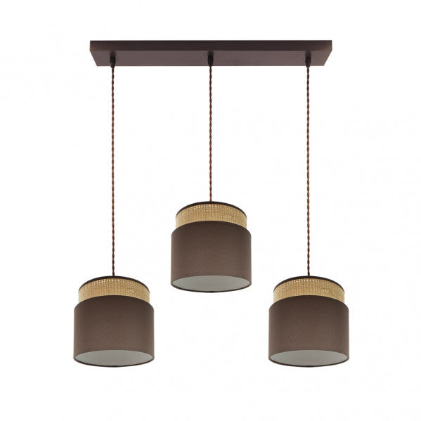 Regleta colgante Kandy de Abrila en acabado natural/marrón, modelo 174293102 con 3 casquillos E27 para bombillas, fabricada en metal y textil, ideal para iluminación doméstica y decoración interior estilo AI2.