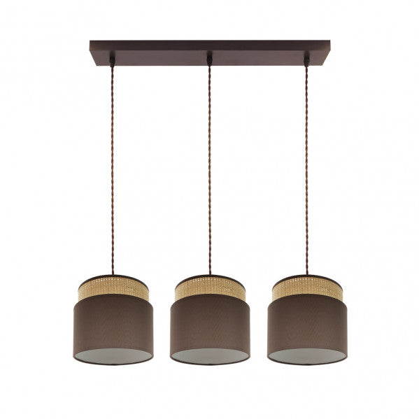 Regleta colgante Kandy de Abrila en acabado natural y marrón, modelo 3xE27 con portalámparas de metal y detalles textil, ideal para iluminación doméstica y decoración interior moderna, referencia 174293102.