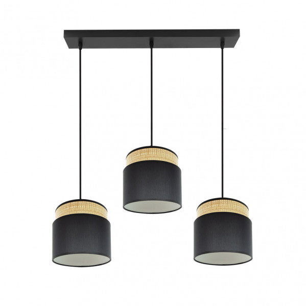 Regleta colgante Kandy de Abrila en acabado natural y negro, modelo 174293109 con 3 casquillos E27 para bombillas, ideal para iluminación doméstica y decoración interior en estilo moderno con estructura de metal y elementos textil.