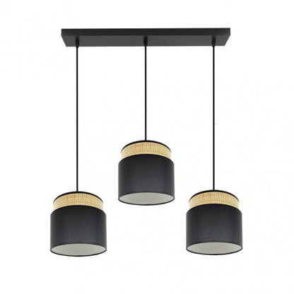 Regleta colgante Kandy de Abrila en acabado natural y negro, modelo 174293109 con 3 casquillos E27 para bombillas, ideal para iluminación doméstica y decoración interior en estilo moderno con estructura de metal y elementos textil.