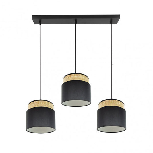 Regleta colgante Kandy de Abrila en acabado natural y negro, modelo 174293109 con 3 casquillos E27 para bombillas, ideal para iluminación doméstica y decoración interior en estilo moderno con estructura de metal y elementos textil.
