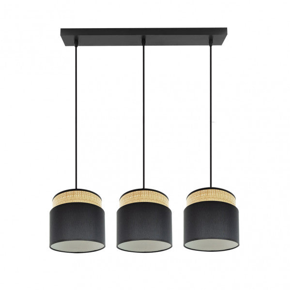 Regleta colgante Kandy de Abrila en acabado natural y negro, diseño de metal y textil con 3 casquillos E27 para iluminación doméstica, ideal para decoración interior moderna, referencia 174293109.