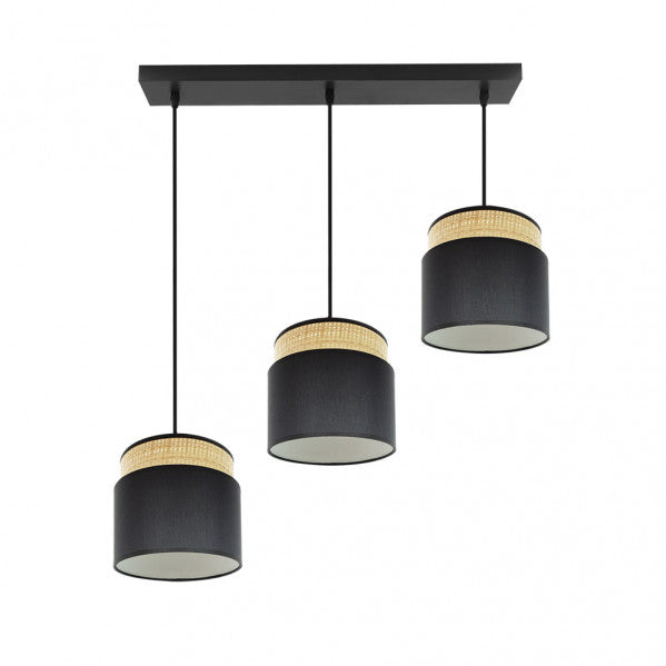Regleta colgante Kandy de Abrila en acabado natural y negro, modelo 3xE27 con 174293109, lámpara de metal y textil para iluminación doméstica y decoración interior moderna.