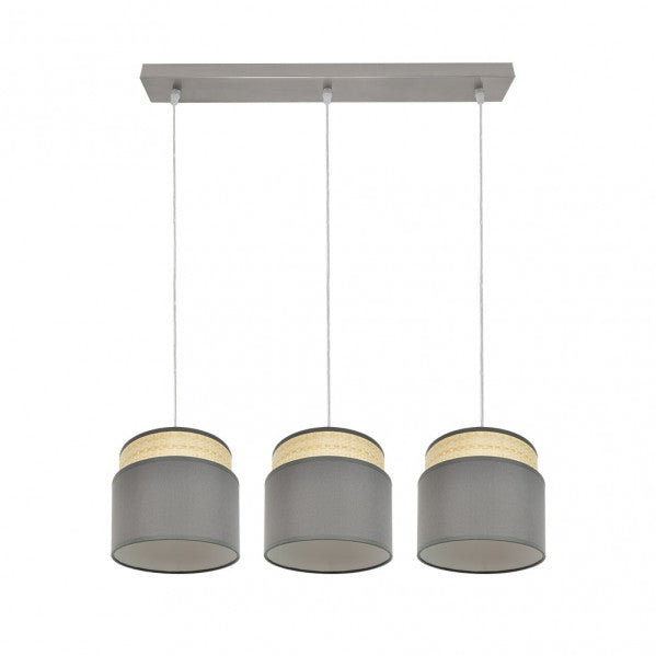 Regleta colgante Kandy 3xE27 en acabado natural y gris de Abrila, modelo 174293128, lámpara de iluminación moderna para interior doméstico con luz difusa, ideal para decoración con casquillo E27, diseño textil y metal AI2.
