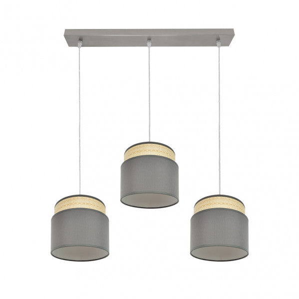 Regleta colgante Kandy de Abrila en acabado natural gris con 3 casquillos E27, ideal para iluminación moderna y luz difusa en interiores domésticos, diseño textil y metal para lámparas de decoración (modelo 174293128).