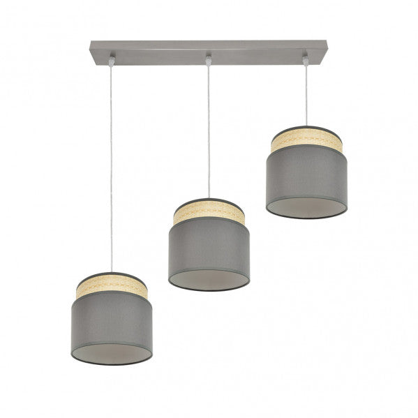 Regleta colgante Kandy de Abrila en acabado natural y gris, modelo 174293128 con 3 casquillos E27 para bombillas, diseño moderno de textil y metal ideal para iluminación interior doméstica, luz difusa y decoración de lámparas en estilo contemporáneo.