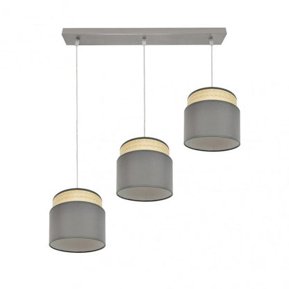 Regleta colgante Kandy de Abrila en acabado natural y gris, modelo 174293128 con 3 casquillos E27 para bombillas, diseño moderno de textil y metal ideal para iluminación interior doméstica, luz difusa y decoración de lámparas en estilo contemporáneo.