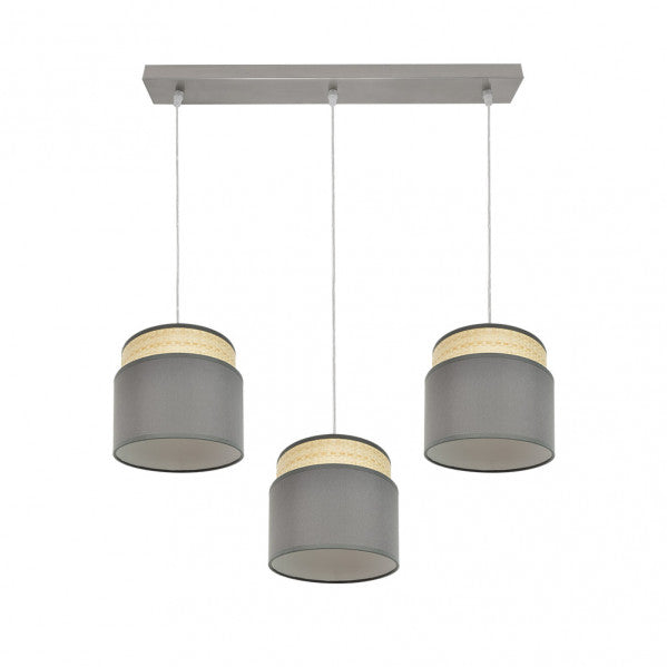 Regleta colgante Kandy 3xE27 en acabado natural y gris de Abrila (código 174293128), lámpara de iluminación moderna para interior doméstico con luz difusa, diseño en textil y metal para decoración.