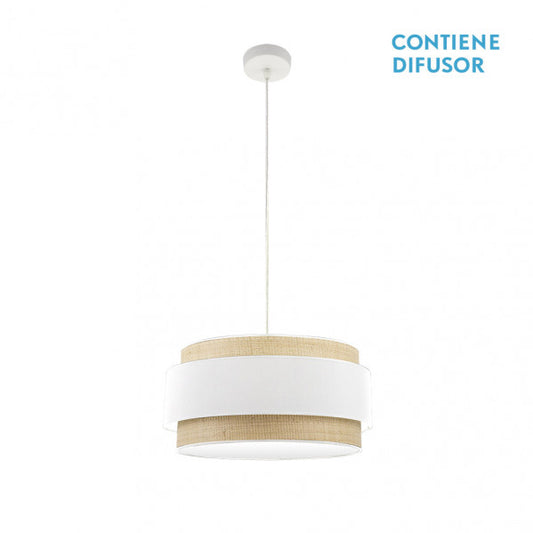 Lámpara colgante Kandy de Abrila en acabado natural y blanco, diseño moderno de 50 cm con estructura de metal y elementos textil, ideal para iluminación interior doméstica y decoración contemporánea.