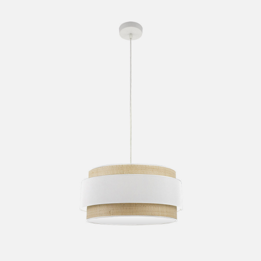 Lámpara colgante Kandy en acabado natural y blanco de 50 cm, diseño moderno de metal y textil de Abrila para iluminación interior y decoración doméstica.