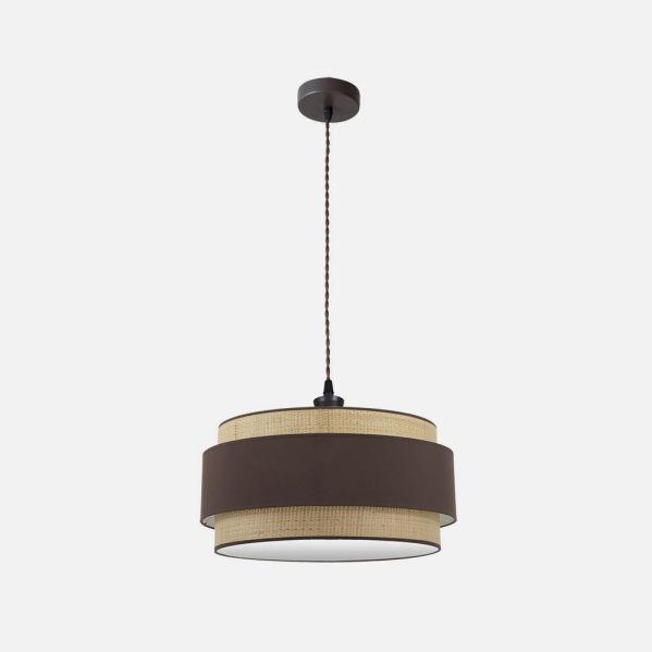 Colgante Kandy de Abrila en metal natural y marrón con dos casquillos E27, diseño textil moderno de 50 cm para iluminación interior y decoración doméstica contemporánea (modelo 174295002).