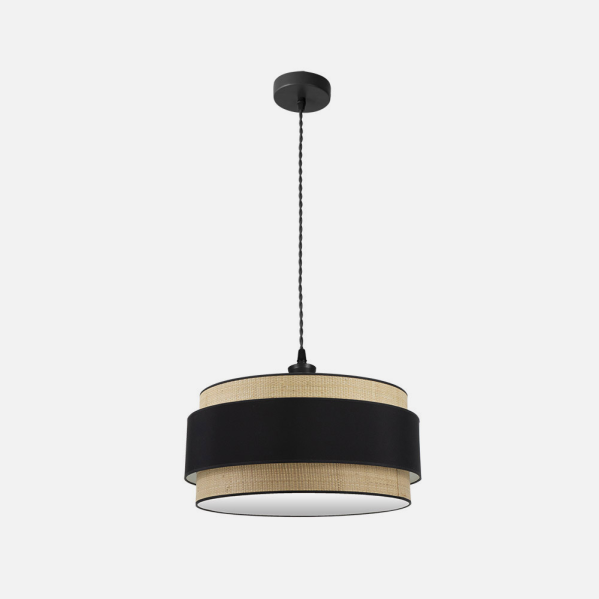 Colgante Kandy de Abrila en acabado natural y negro, diseño de metal y textil con dos casquillos E27, diámetro 50cm, ideal para iluminación interior doméstica y decoración moderna, modelo 174295009.
