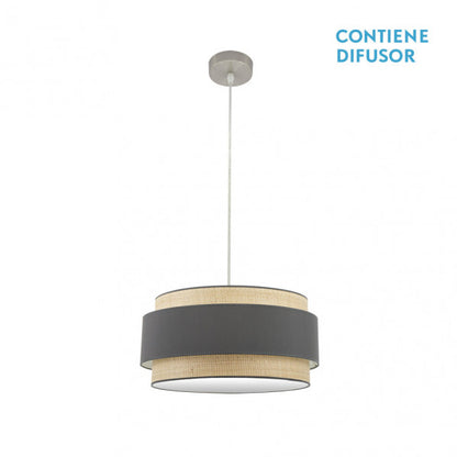 Lámpara colgante Kandy de Abrila en acabado natural y gris, diseño moderno de metal níquel con textil, diámetro 50 cm y 2xE27 para iluminación interior en salón o dormitorio, referencia 174295028.
