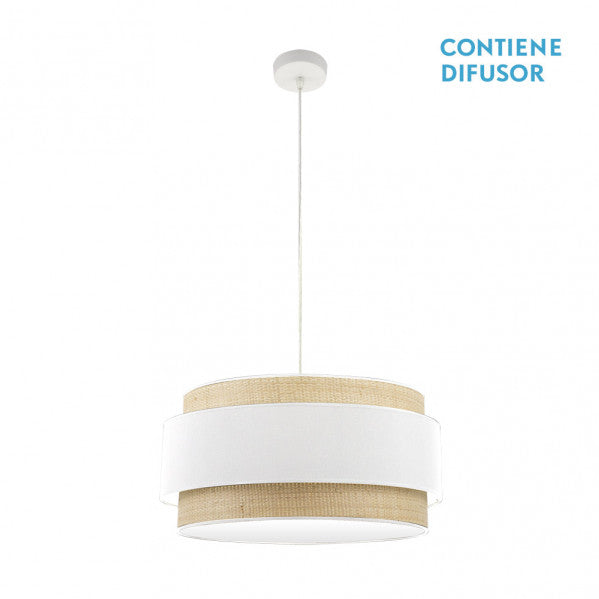 Colgante Kandy de Abrila en acabado natural/blanco, diseño moderno de lámpara colgante con 3 casquillos E27 y diámetro de 60 cm, ideal para iluminación interior doméstica en metal y textil.