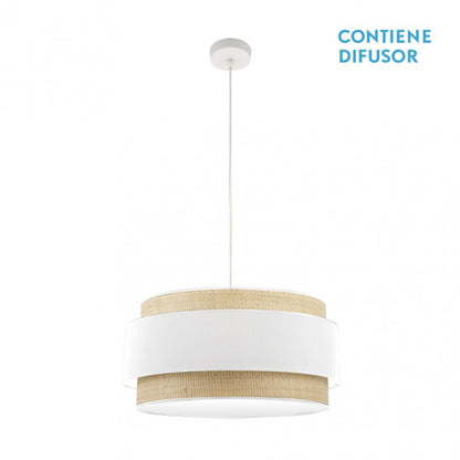 Colgante Kandy de Abrila en acabado natural/blanco, diseño moderno de lámpara colgante con 3 casquillos E27 y diámetro de 60 cm, ideal para iluminación interior doméstica en metal y textil.