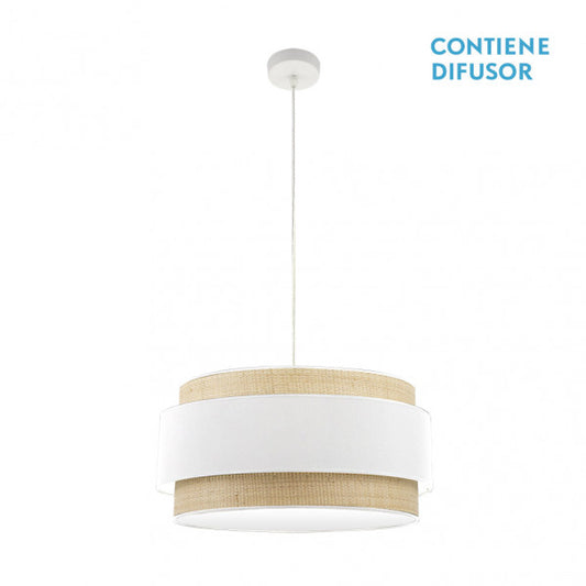 Colgante Kandy de Abrila en acabado natural/blanco, diseño moderno de lámpara colgante con 3 casquillos E27 y diámetro de 60 cm, ideal para iluminación interior doméstica en metal y textil.