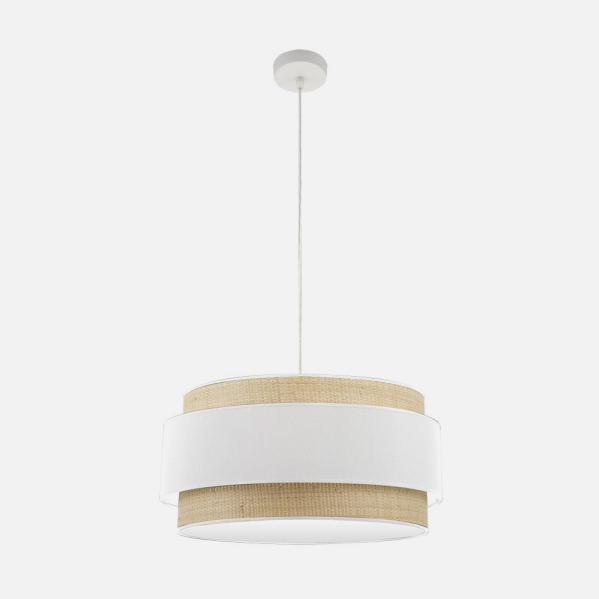 Colgante Kandy de Abrila en acabado natural y blanco, lámpara moderna de iluminación interior con 3 casquillos E27, diseño en metal y textil para decoración doméstica, diámetro 60 cm, modelo 174296001.