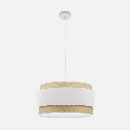 Colgante Kandy de Abrila en acabado natural y blanco, lámpara moderna de iluminación interior con 3 casquillos E27, diseño en metal y textil para decoración doméstica, diámetro 60 cm, modelo 174296001.