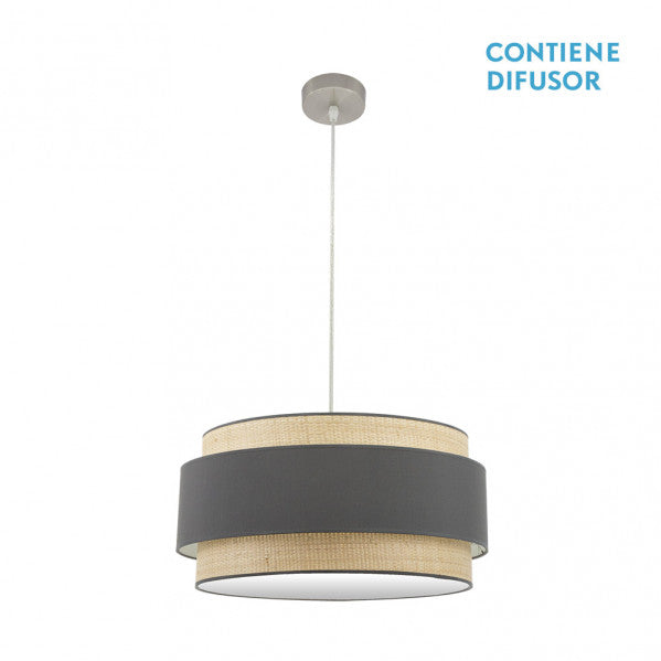 Colgante Kandy 3xE27 en acabado natural y gris de 60 cm de Abrila, lámpara colgante moderna de metal y textil para iluminación interior doméstica y decoración minimalista, modelo 174296028.