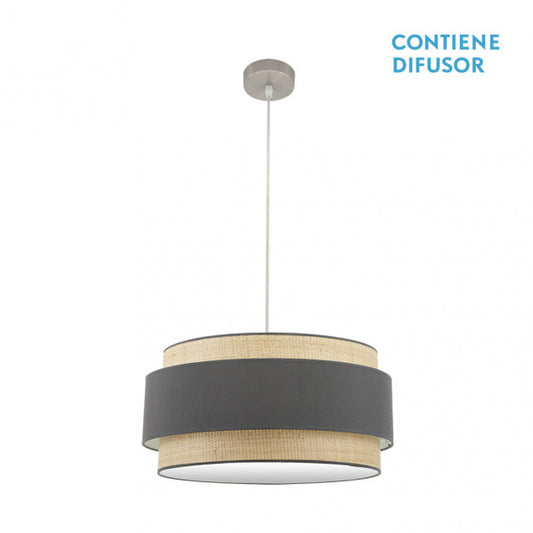 Colgante Kandy 3xE27 en acabado natural y gris de 60 cm de Abrila, lámpara colgante moderna de metal y textil para iluminación interior doméstica y decoración minimalista, modelo 174296028.