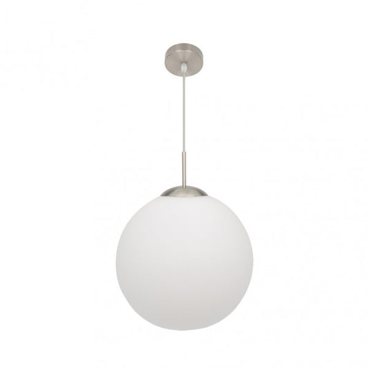 Colgante Astro de Abrila en blanco y níquel, lámpara colgante moderna de 35 cm con 1 bombilla E27, diseño en metal y cristal para iluminación difusa en interiores domésticos y decoración contemporánea.