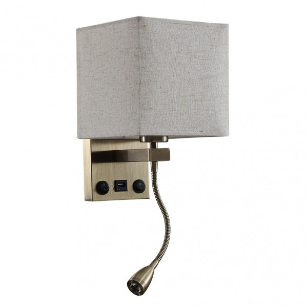 Aplique de pared Stephen en cuero beige con luz LED integrada de 3W, modelo Abrila 174661114, ideal para iluminación interior en dormitorios modernos, con diseño en metal textil, luz difusa suave y puerto USB incorporado.