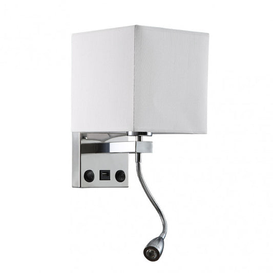 Aplique de pared Stephen en acabado cromo y blanco de Abrila, modelo 174661120 con iluminación LED integrada, diseño moderno de metal y textil para dormitorio interior, incluye puerto USB y compatibilidad AI2.
